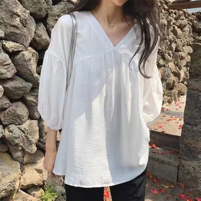 ISSOL-34 Sleeve V-Neck Plain Panel Blouse
