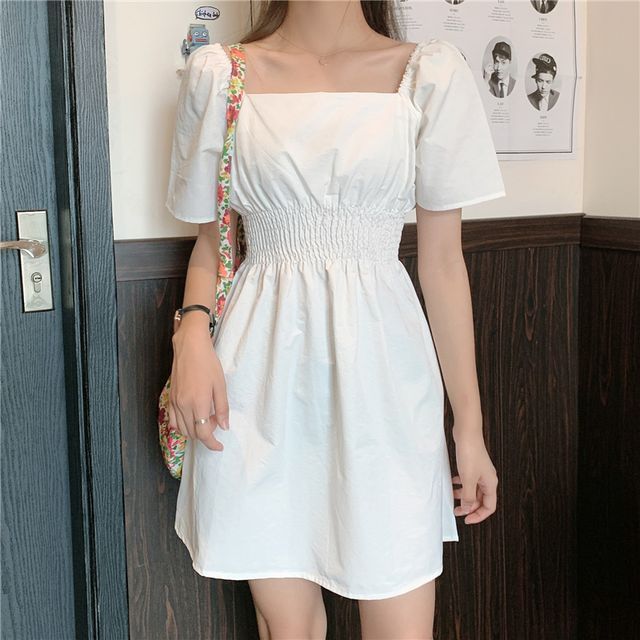 Shekkok - Short-Sleeve Square Neck Plain Mini A-Line Dress | YesStyle