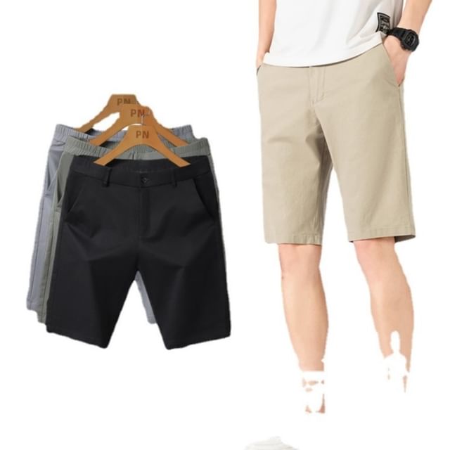 Lefitt-Elastic Waist Plain Shorts