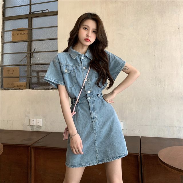 Gilmort - Short-Sleeve Denim Mini A-Line Shirt Dress | YesStyle Gilmort - Short-Sleeve Denim Mini A-Line Shirt Dress | YesStyle