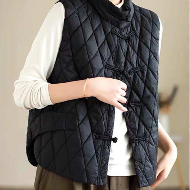 INEN-Stand Collar Plain Frog Closure Puffer Vest