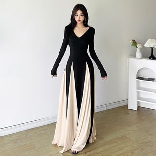 Bababy Long Sleeve V-Neck Color Block Maxi A-Line Dress Sale