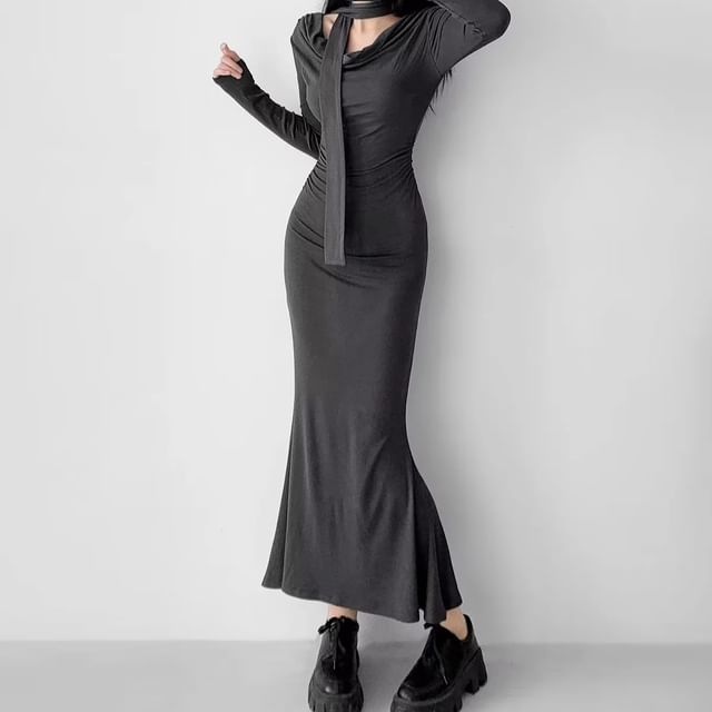 knee length dresses for ladies 38" Long Sleeve V-Neck Dress with Scarf/Belt Electric Blue / M