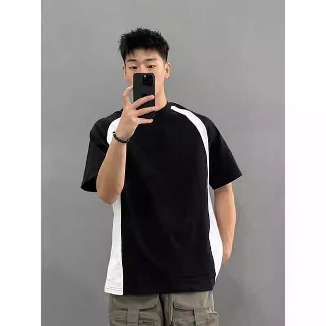 fluffush-Short-Sleeve Round Neck Two Tone Panel T-Shirt