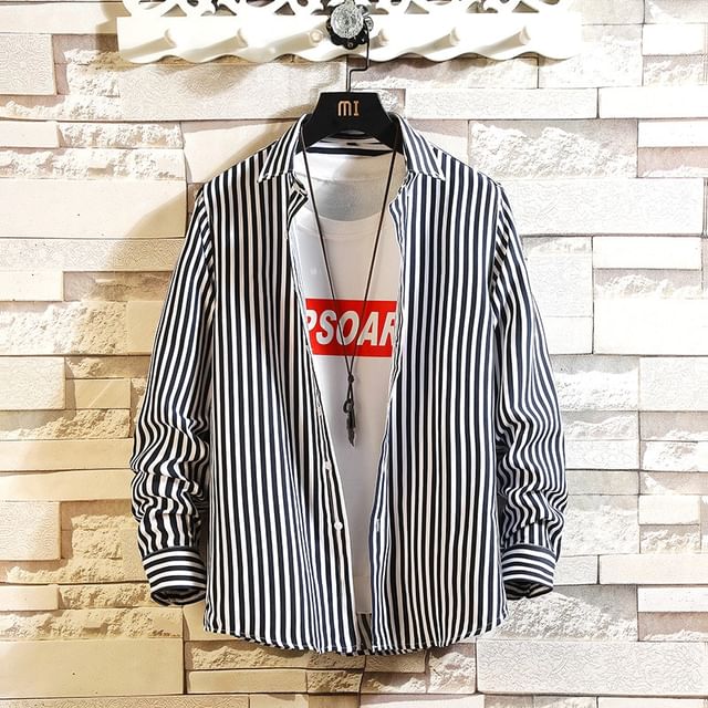 FORSETI-Lapel Collar Striped Shirt