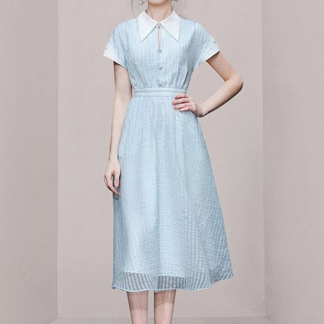 Aurora - Short-Sleeve Collared Midi A-Line Dress | YesStyle