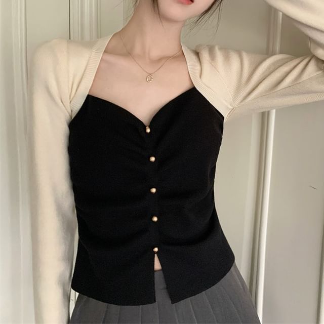 Shinsei-Long-Sleeve Square Neck Two Tone Knit Top