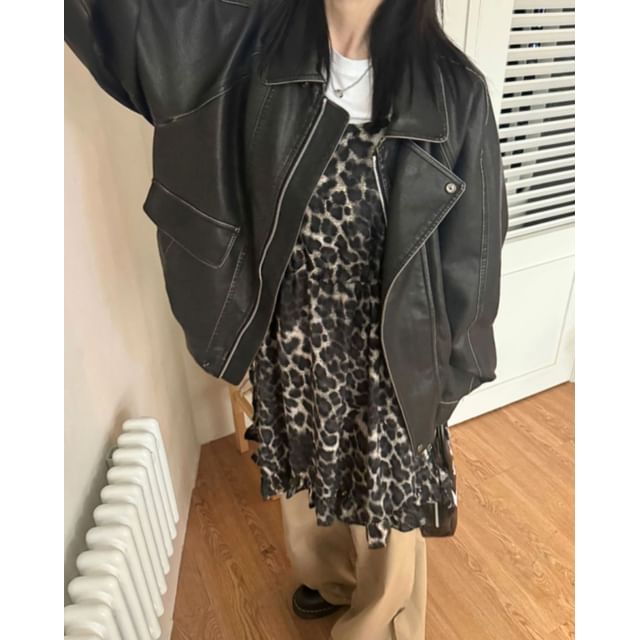 SeoulPop-Spaghetti Strap Leopard Mini Dress
