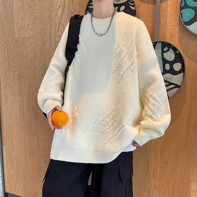 Stone Leo-Crew Neck Plain Distressed Oversized Sweater