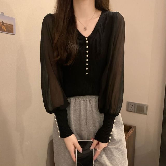 Sisyphi-Long-Sleeve V-Neck Plain Beaded Chiffon Panel Knit Top