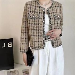 Everose-Crew Neck Plaid Tweed Button Jacket