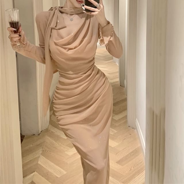 WOW!NITE - Long-Sleeve Cowl Neck Plain Glitter Ruched Maxi Sheath Dress | YesStyle WOW!NITE - Long-Sleeve Cowl Neck Plain Glitter Ruched Maxi Sheath Dress | YesStyle