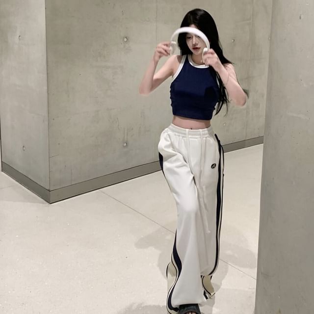 Strawolf Round Neck Contrast Trim Crop Tank Top Drawstring - Main Image