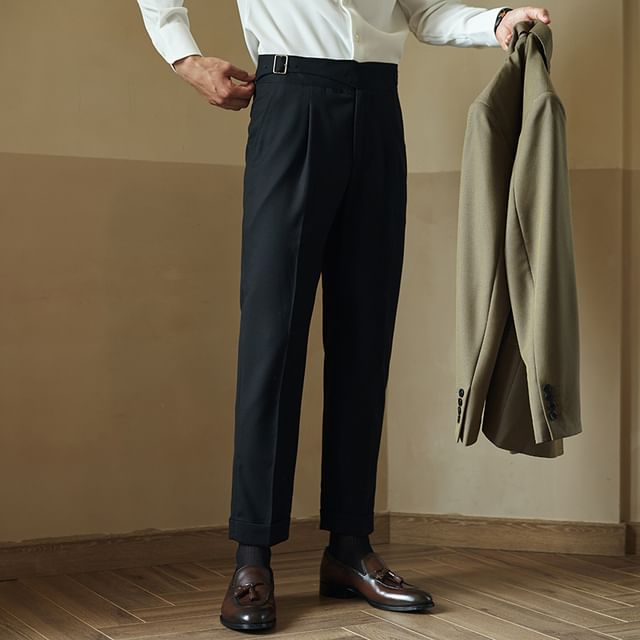Omozando-Mid Rise Plain Tapered Dress Pants