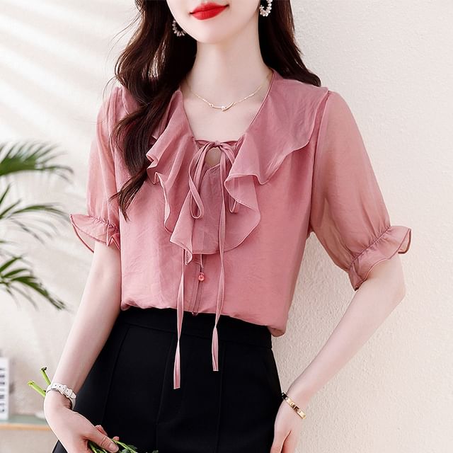 Dragan Pulse-Short-Sleeve Plain Ruffle Trim Blouse