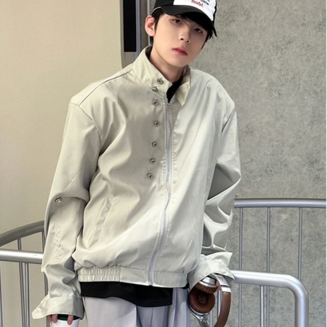 Kimeya-Stand Collar Plain Zip-Up Jacket
