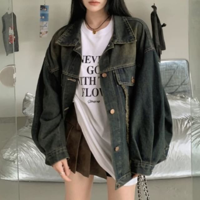 Okalpis-Collar Fringed Washed Denim Button Jacket