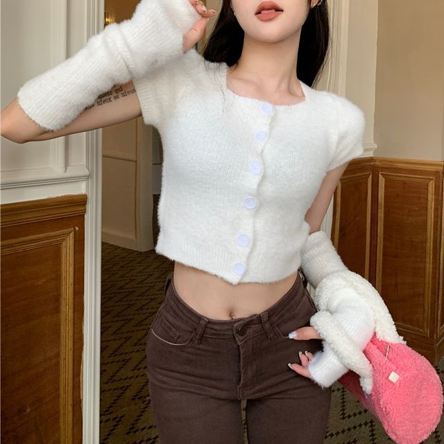 Okalpis Set Short-Sleeve Square-Neck Cardigan Knit Arm