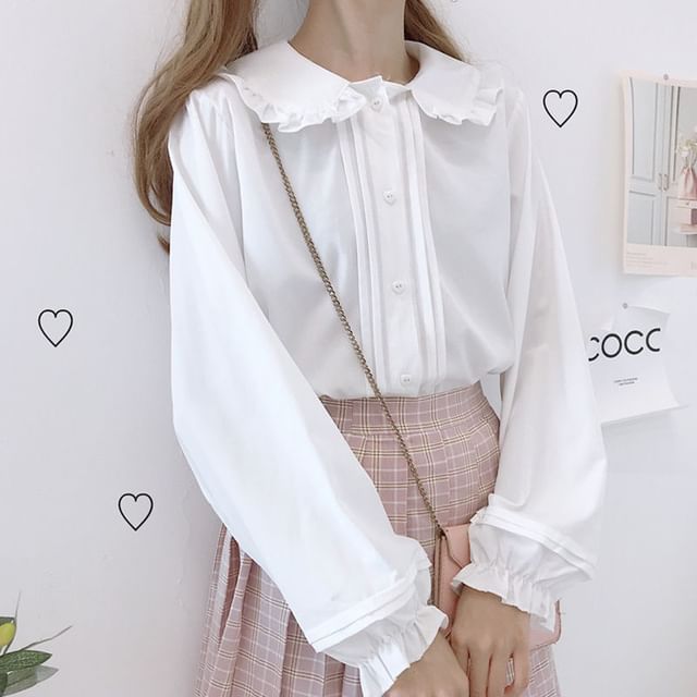 Sisyphi-Ruffle Long Sleeve Peter Pan Collar Plain Blouse