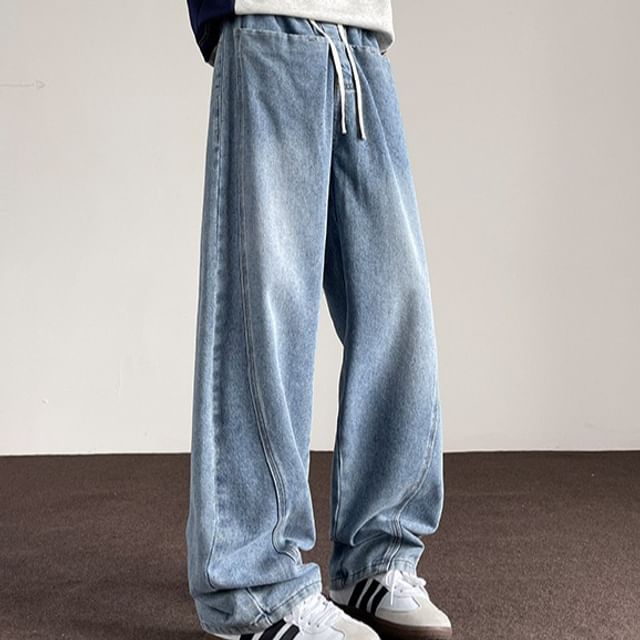 Obikan-Drawstring Waist Washed Wide Leg Jeans