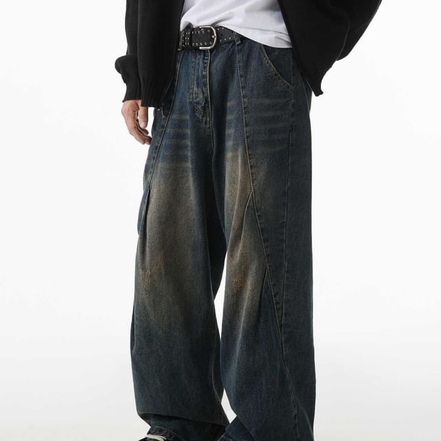 Adothuiastic-Mid Rise Washed Ruched Wide Leg Jeans