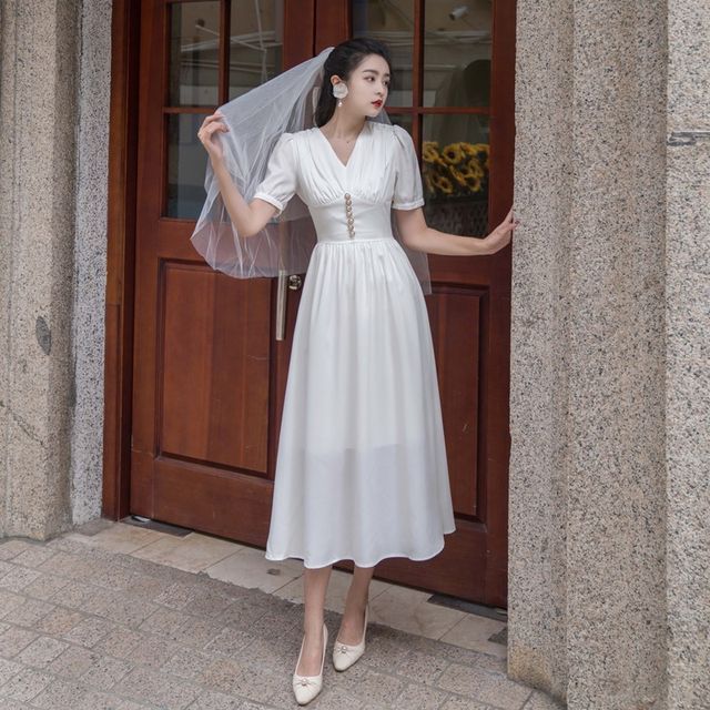 Glaypio V-Neck Midi A-Line Dress Wedding Veil YesStyle