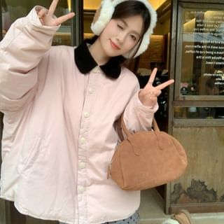 Beem-Lapel Collar Two Tone Button Up Shirt Puffer Jacket