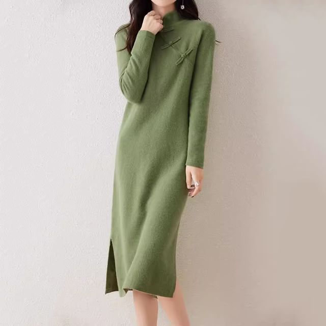 Long-Sleeve Mock Neck Knit Midi Dress