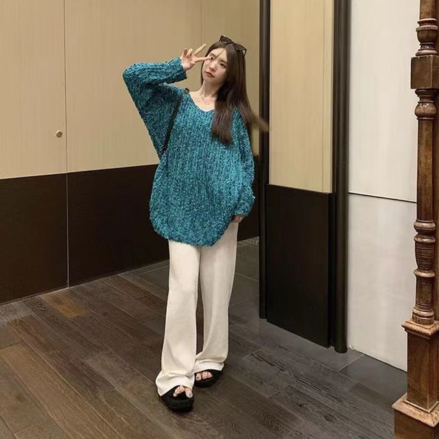 Everose-Scoop Neck Plain Ribbed Oversized Sweater