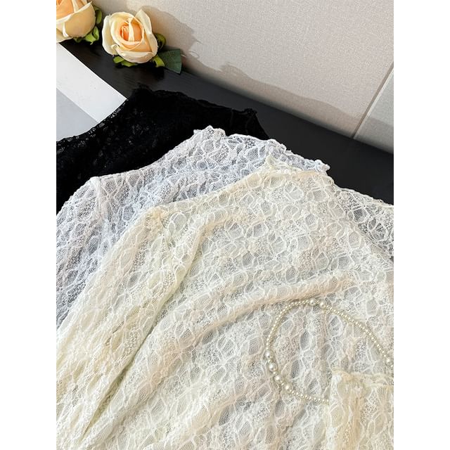 Lemongrass-Mock-Neck Sheer Lace Tee