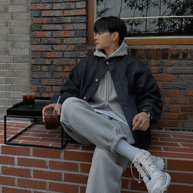 MRCYC-Puff-Sleeve Plain Denim Single-Breasted Jacket