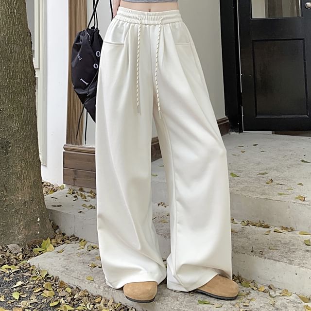 Melon Juice-Drawstring Waist Plain Wide Leg Sweatpants