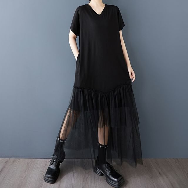 Lewwe - Short-Sleeve V-Neck Plain Mesh Panel Layered Maxi Tunic Dress | YesStyle Lewwe - Short-Sleeve V-Neck Plain Mesh Panel Layered Maxi Tunic Dress | YesStyle