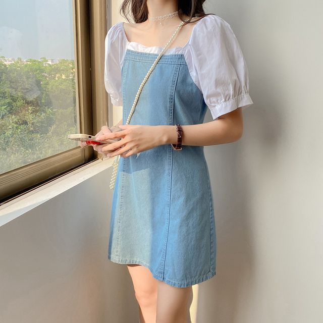 Sienne - Mock Two-Piece Puff-Sleeve Denim Dress | YesStyle