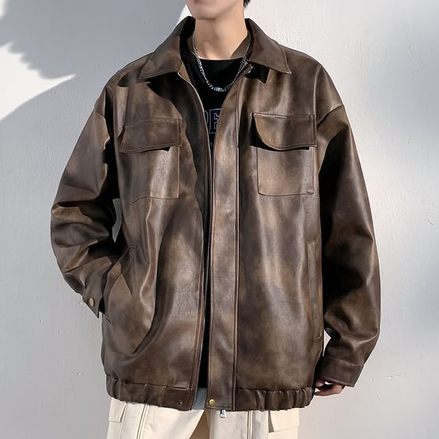 AXEN - Collared Washed Faux Leather Zip Jacket | YesStyle