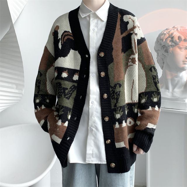 Zentrus - Long Sleeve V-Neck Pattern Knit Cardigan | YesStyle