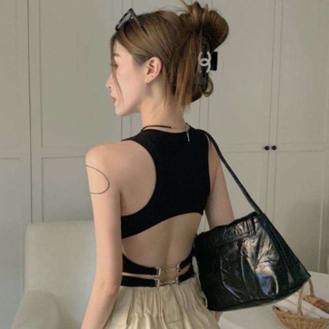 Duwnie-Plain Racerback Cutout Buckled Tank Top