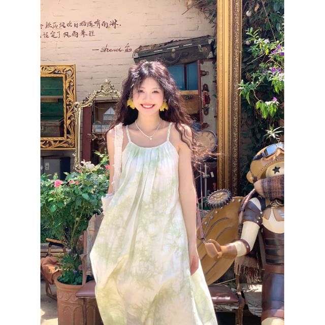 Shinsei-Spaghetti Strap Tie Dye Midi Sundress
