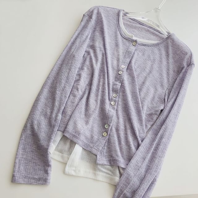 Faiar-Long Sleeve Crew Neck Plain Button Down Ribbed Knit T-Shirt
