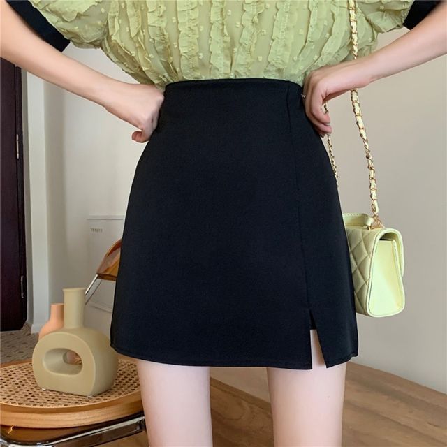 OGAWA-High-Waist Plain Split A-Line Skirt