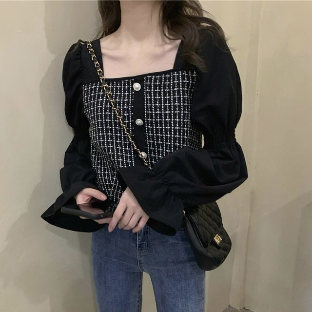 Sienne-Long-Sleeve Square-Neck Plaid Top
