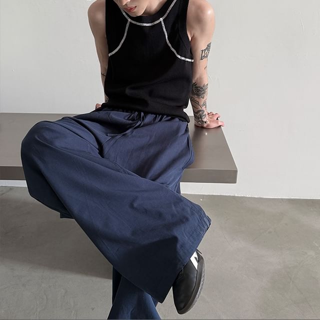 Nahagin-Drawstring Waist Plain Wide Leg Cargo Pants