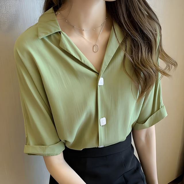 ISSOL-Short-Sleeve Plain Blouse