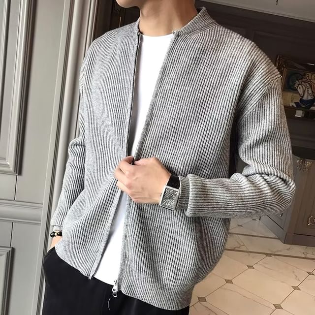 Lingaris-Stand Collar Plain Ribbed Zip-Up Cardigan