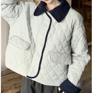 Trendycas-Collared Contrast Trim Quilted Zip-Up Jacket