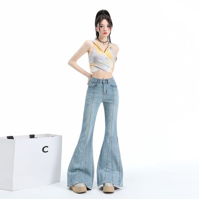 Denimot-Mid Waist Washed Flared Jeans