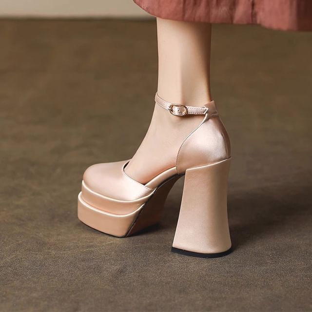 Anran-Square Toe Platform DOrsay Ankle Strap Satin Block Heel Pumps