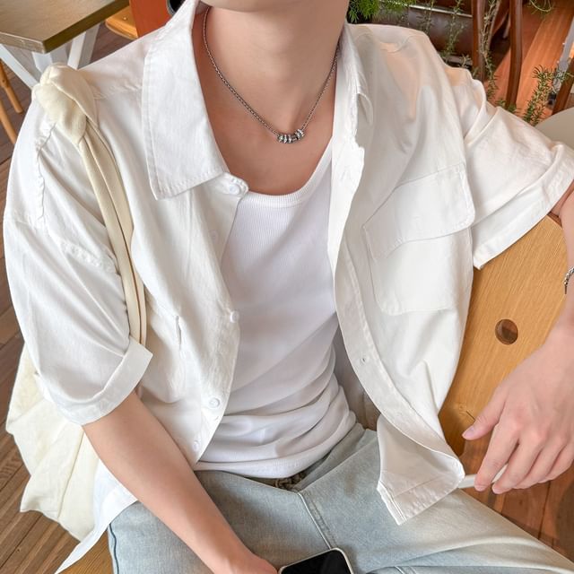 DAZO Studios-Short-Sleeve Pocketed Plain Shirt