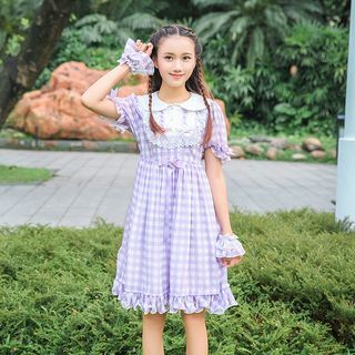 Jade Dragon - Check Short-sleeve A-line Dress   Bow Hair Hand 