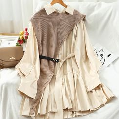 Miss Puff - Ensemble: mini-robe chemise à manches longues + gilet en tricot à ourlet irrégulier Miss Puff - Ensemble: mini-robe chemise à manches longues + gilet en tricot à ourlet irrégulier